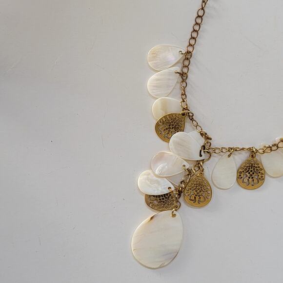Boho Shell and Gold Tone Necklace with Teardrop Charms Statement Beach Jewelry - Picture 6 of 10